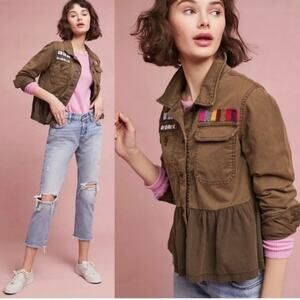 Anthropologie Peplum Embellished Military Jacket Beaded Embroidered Green Sz XS